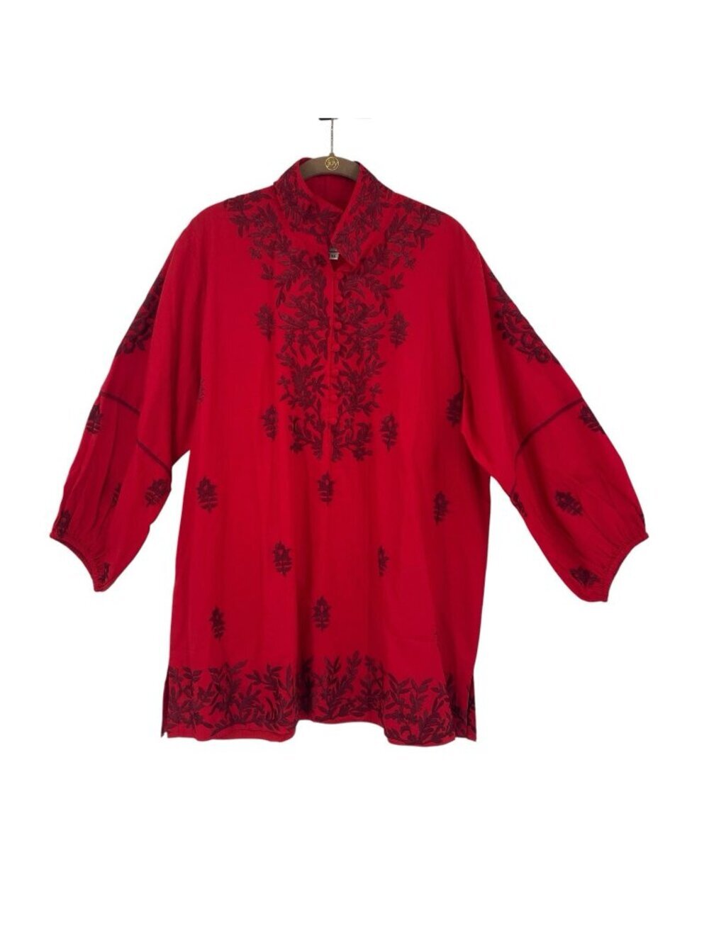Sue Sartor Mughal Embroidered Tunic 1/2 Button Top in Red Size XL